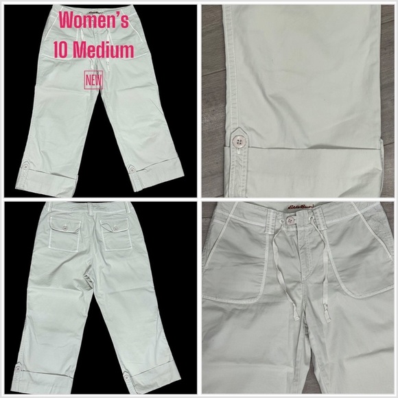 Women's Eddie Bauer 10 Medium Capri Pants Chino Khakis Twill Stretch Cream NWOT - Picture 1 of 11